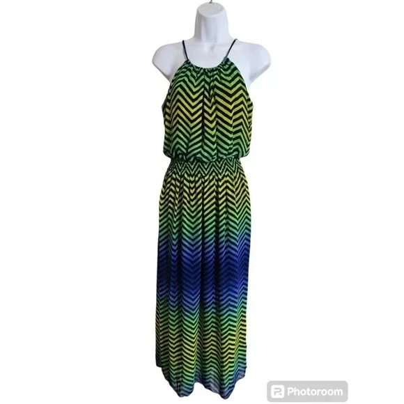 Sweet Storm Womens Medium Chevron Halter Maxi Dress Green Blue Ombre Indie Y2K - Picture 2 of 7